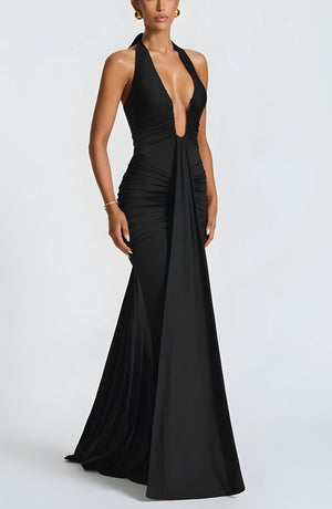 Deep Plunge Ruched Maxi Dress
