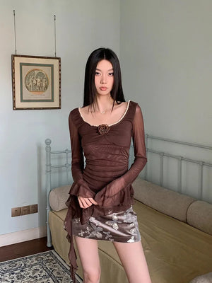 Rose Mesh Ruffled Top