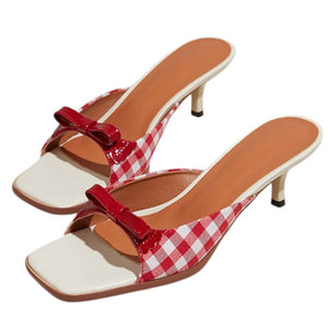 Gingham Picnic Bow Heeled Mules