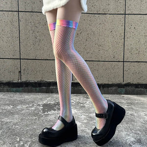 Iridescent Fishnet Knee-High Socks