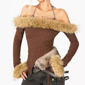 Y2K Fuzzy Off-Shoulder Top