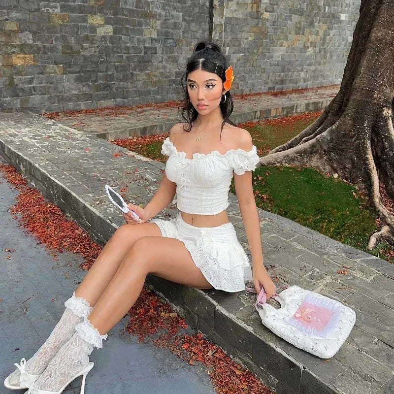 Coquette Broderie Anglaise Top & Mini Skirt Two Piece Set