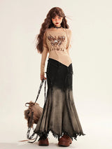 Grunge Tasseled Patch Maxi Skirt