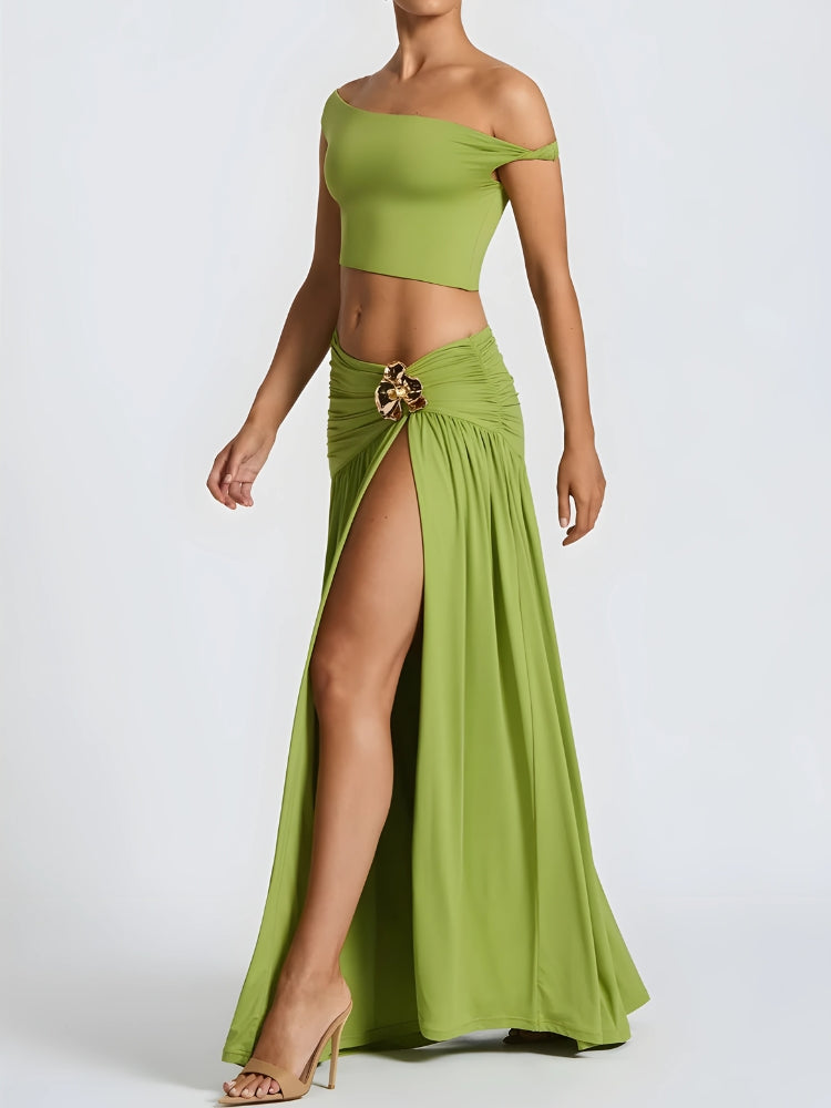 Off Shoulder Crop Top & Slit Maxi Dress Two Piece Set