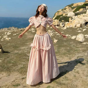 Soft Girl Striped Crop Top & Maxi Skirt Two Piece Set