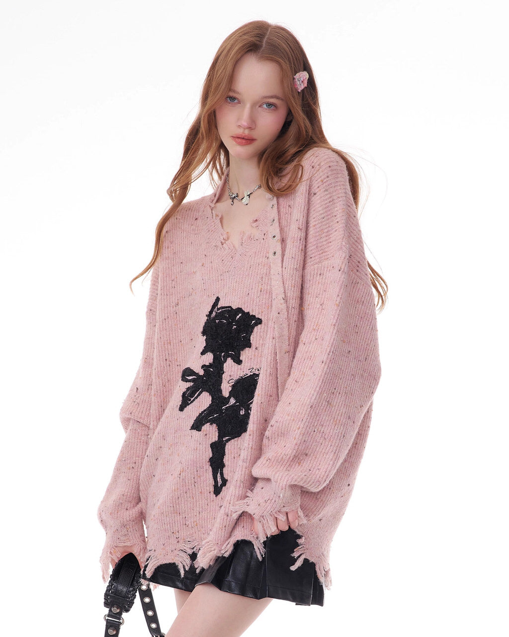 Distressed Rose Print Sweater
