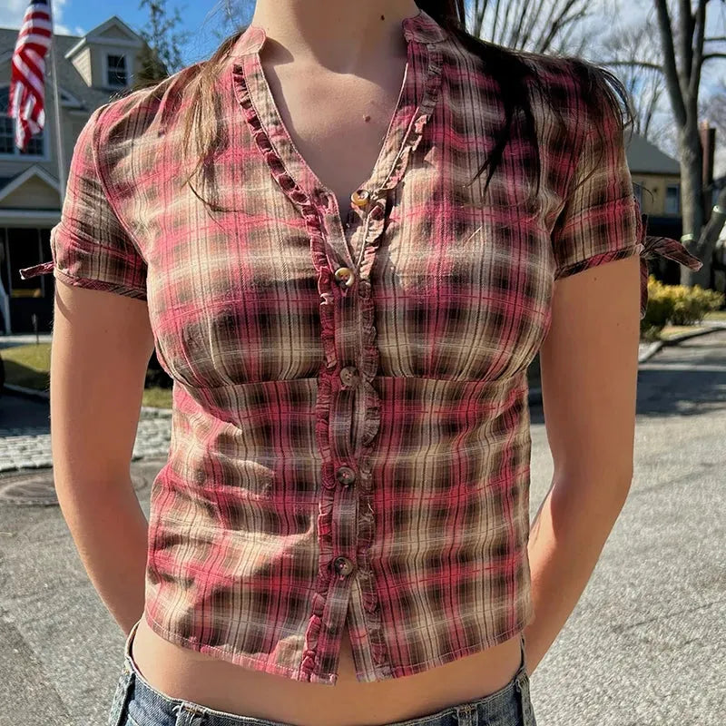 Y2K Plaid Ruffled Shirt