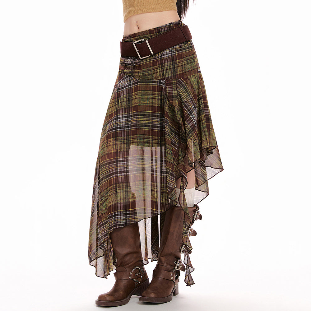 Asymmetrical Plaid Midi Skirt
