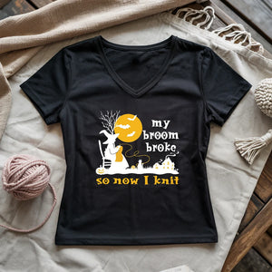 Broom Broke Knitting Witch Lady V-neck