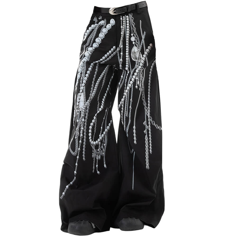 Black Wide-Leg Pants with Pearl Chain Print