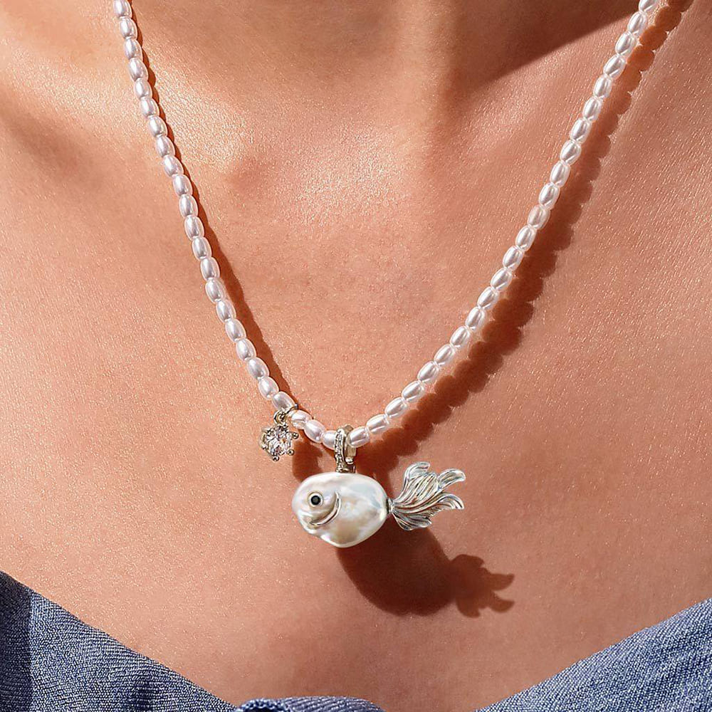Coquette Pearl Fish Charm Necklace
