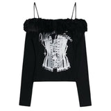 Corset Print Fur Off-Shoulder Top