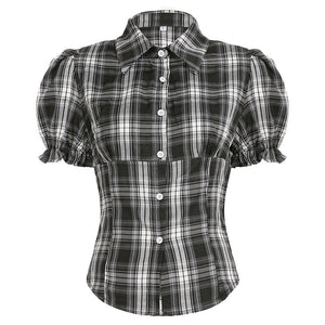 Dark Academia Puff Sleeve Plaid Shirt