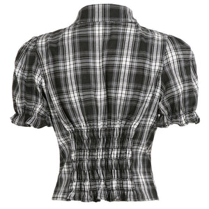 Dark Academia Puff Sleeve Plaid Shirt