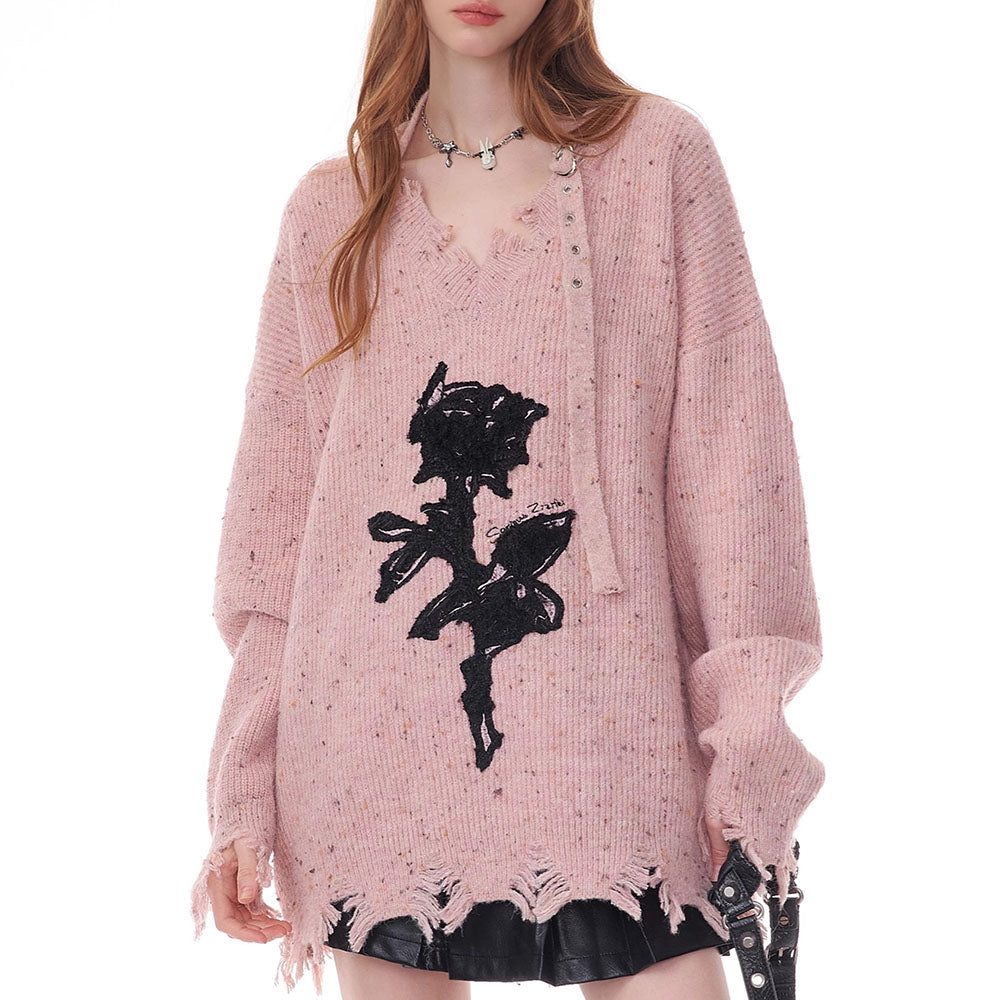 Distressed Rose Print Sweater