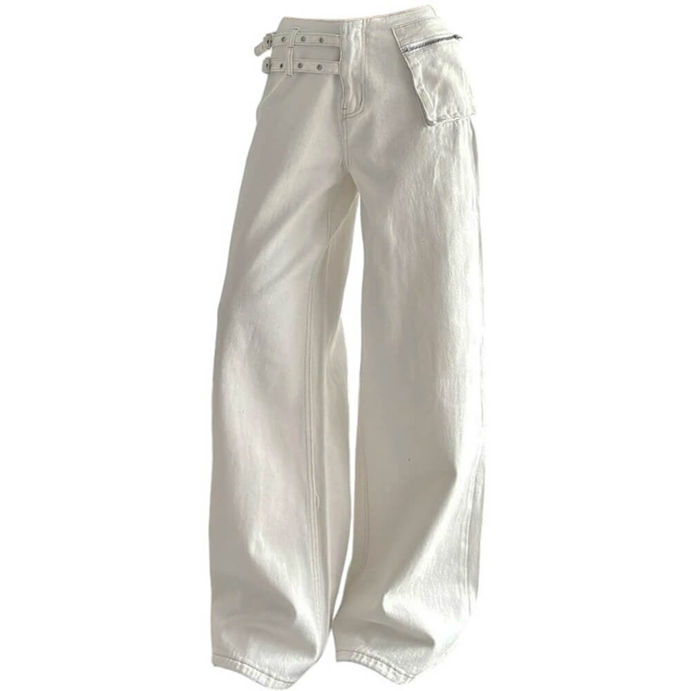 Double-Buckle Wide Leg Jeans