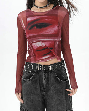 Eye & Lips Print Mesh Top in Red