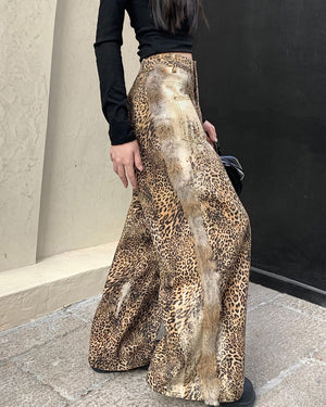 Faded Leopard Print Wide-Leg Trousers