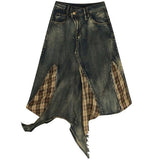 Grunge Patchwork Plaid Denim Skirt