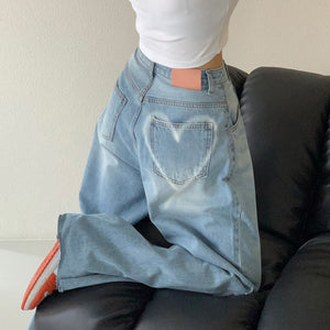 Heart Print Pocket Wide Leg Jeans
