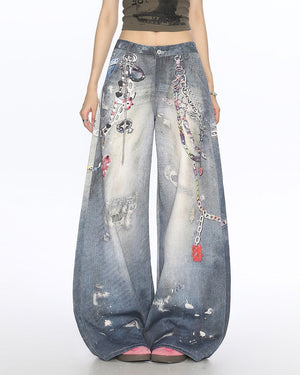 Loose Fit Chain Print Jeans