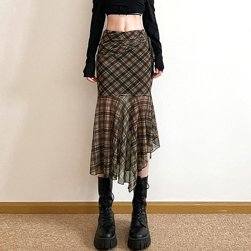 Plaid Asymmetrical Mesh Skirt
