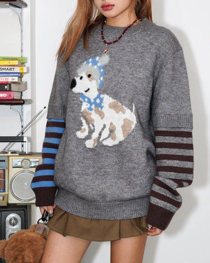 Puppy Print Striped Sleeve Jumper