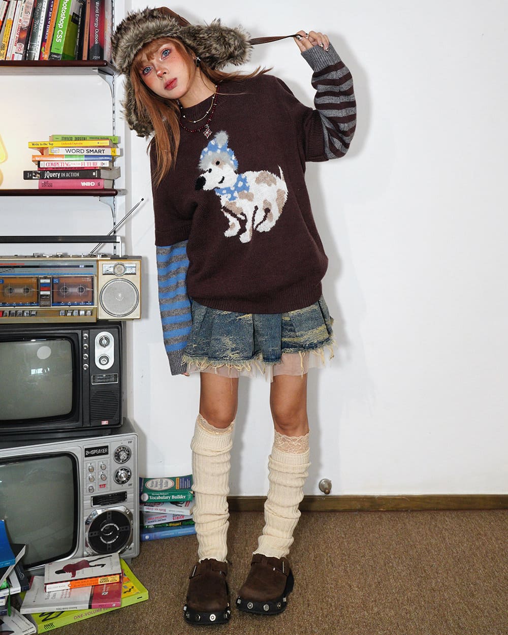 Puppy Print Striped Sleeve Jumper