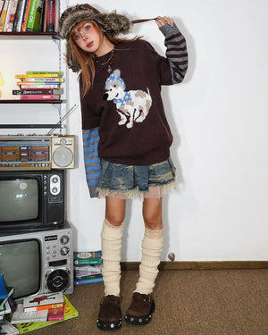 Puppy Print Striped Sleeve Jumper